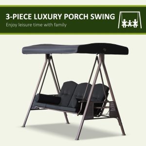 Outsunny Outdoor Patio 3-Person Steel Canopy Cushioned Seat Bench Swing with Included Side Trays & Padded Comfort, Black - Image 7