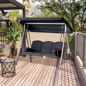 Outsunny Outdoor Patio 3-Person Steel Canopy Cushioned Seat Bench Swing with Included Side Trays & Padded Comfort, Black - Image 8