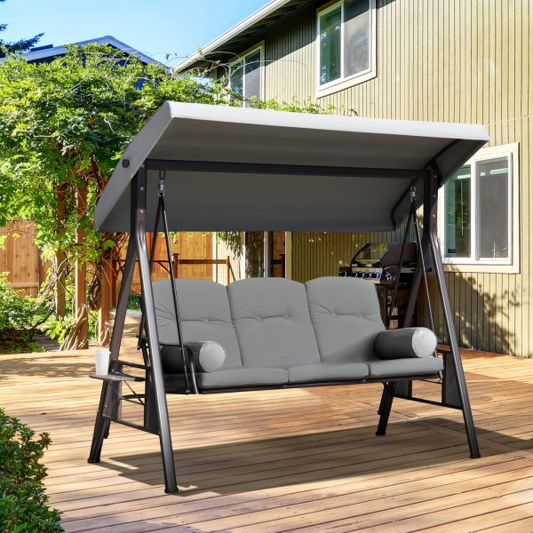 Outsunny Outdoor Patio 3-Person Steel Canopy Cushioned Seat Bench Swing with Included Side Trays & Padded Comfort, Light Grey - Image 1