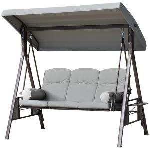 Outsunny Outdoor Patio 3-Person Steel Canopy Cushioned Seat Bench Swing with Included Side Trays & Padded Comfort, Light Grey - Image 2