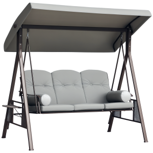 Outsunny Outdoor Patio 3-Person Steel Canopy Cushioned Seat Bench Swing with Included Side Trays & Padded Comfort, Light Grey - Image 11