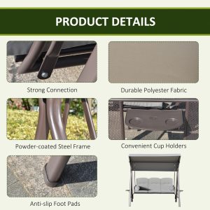 Outsunny Outdoor Patio 3-Person Steel Canopy Cushioned Seat Bench Swing with Included Side Trays & Padded Comfort, Light Grey - Image 5