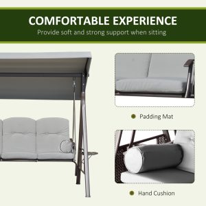 Outsunny Outdoor Patio 3-Person Steel Canopy Cushioned Seat Bench Swing with Included Side Trays & Padded Comfort, Light Grey - Image 6