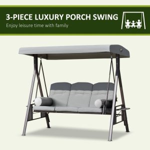 Outsunny Outdoor Patio 3-Person Steel Canopy Cushioned Seat Bench Swing with Included Side Trays & Padded Comfort, Light Grey - Image 7