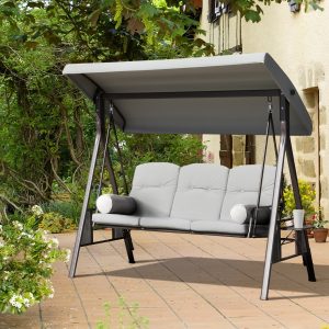 Outsunny Outdoor Patio 3-Person Steel Canopy Cushioned Seat Bench Swing with Included Side Trays & Padded Comfort, Light Grey - Image 8