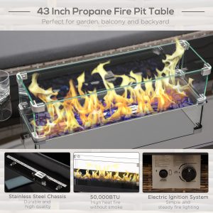 Outsunny Outdoor Propane Gas Fire Pit Table, 50,000 BTU Electric Ignition Gas Firepit with Glass Cover, Black Glass Tabletop and CSA Certification, Brown - Image 4