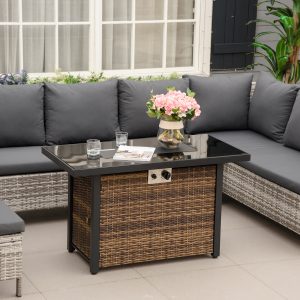 Outsunny Outdoor Propane Gas Fire Pit Table, 50,000 BTU Electric Ignition Gas Firepit with Glass Cover, Black Glass Tabletop and CSA Certification, Brown - Image 8