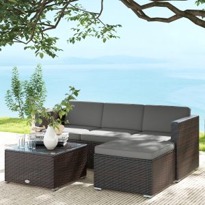 Outsunny Patio Furniture w/ Soft Cushions, Corner Sofa Sets, Grey - Image 1