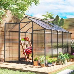 Outsunny Polycarbonate Greenhouse, Aluminum Walk-In Green House Kit Garden, 6' x 10' x 6.4', Charcoal Grey - Image 1