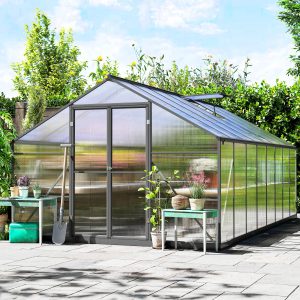 Outsunny Polycarbonate Greenhouse, Walk-in Green House with Two Top Windows, Rain Gutter and Swing Door, 8' x 16' x 7', Dark Grey - Image 1