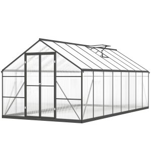 Outsunny Polycarbonate Greenhouse, Walk-in Green House with Two Top Windows, Rain Gutter and Swing Door, 8' x 16' x 7', Dark Grey - Image 2
