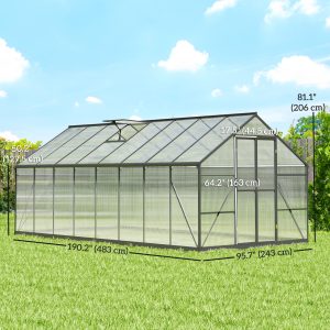 Outsunny Polycarbonate Greenhouse, Walk-in Green House with Two Top Windows, Rain Gutter and Swing Door, 8' x 16' x 7', Dark Grey - Image 13