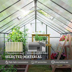 Outsunny Polycarbonate Greenhouse, Walk-in Green House with Two Top Windows, Rain Gutter and Swing Door, 8' x 16' x 7', Dark Grey - Image 14