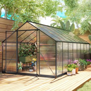 Outsunny Polycarbonate Greenhouse, Walk-in Green House with Two Top Windows, Rain Gutter and Swing Door, 8' x 16' x 7', Dark Grey - Image 18