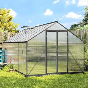 Outsunny Polycarbonate Greenhouse, Walk-in Green House with Two Top Windows, Rain Gutter and Swing Door, 8' x 16' x 7', Dark Grey - Image 8