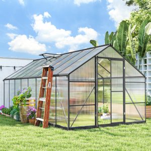 Outsunny Polycarbonate Greenhouse, Walk-in Green House with Two Top Windows, Rain Gutter and Swing Door, 8' x 16' x 7', Dark Grey - Image 9