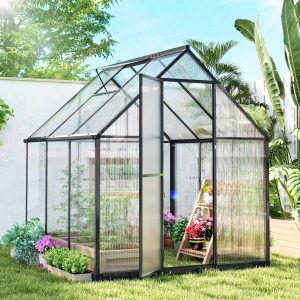 Outsunny Polycarbonate Greenhouse with Swing Door and Adjustable Window, Walk-in Greenhouse with Rain Gutter, 6 x 6.5ft, Black - Image 1