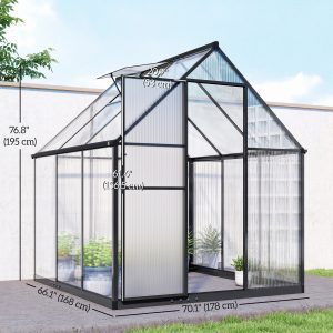 Outsunny Polycarbonate Greenhouse with Swing Door and Adjustable Window, Walk-in Greenhouse with Rain Gutter, 6 x 6.5ft, Black - Image 3