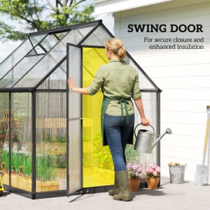 Outsunny Polycarbonate Greenhouse with Swing Door and Adjustable Window, Walk-in Greenhouse with Rain Gutter, 6 x 6.5ft, Black - Image 7