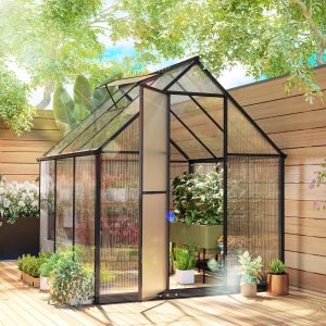 Outsunny Polycarbonate Greenhouse with Swing Door and Adjustable Window, Walk-in Greenhouse with Rain Gutter, 6 x 6.5ft, Black - Image 8