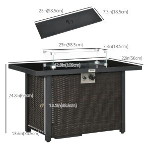 Outsunny Propane Fire Pit Table 43" Outdoor Fire Table, 50,000 BTU Pulse-Ignition Wicker Firepit Furniture with Glass Wind Guard, Blue Glass Rock, CSA Certification, Coffee - Image 3