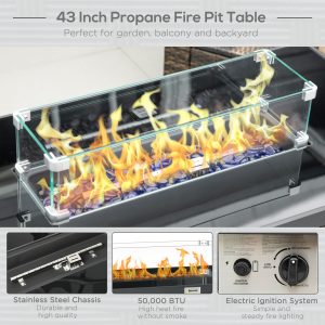 Outsunny Propane Fire Pit Table 43" Outdoor Fire Table, 50,000 BTU Pulse-Ignition Wicker Firepit Furniture with Glass Wind Guard, Blue Glass Rock, CSA Certification, Coffee - Image 4