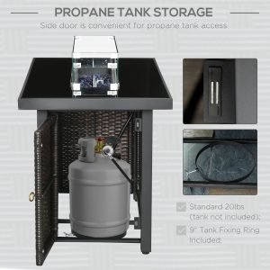 Outsunny Propane Fire Pit Table 43" Outdoor Fire Table, 50,000 BTU Pulse-Ignition Wicker Firepit Furniture with Glass Wind Guard, Blue Glass Rock, CSA Certification, Coffee - Image 5