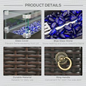 Outsunny Propane Fire Pit Table 43" Outdoor Fire Table, 50,000 BTU Pulse-Ignition Wicker Firepit Furniture with Glass Wind Guard, Blue Glass Rock, CSA Certification, Coffee - Image 6