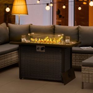 Outsunny Propane Fire Pit Table 43" Outdoor Fire Table, 50,000 BTU Pulse-Ignition Wicker Firepit Furniture with Glass Wind Guard, Blue Glass Rock, CSA Certification, Coffee - Image 7