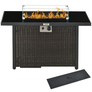 Outsunny Propane Fire Pit Table 43" Outdoor Fire Table, 50,000 BTU Pulse-Ignition Wicker Firepit Furniture with Glass Wind Guard, Blue Glass Rock, CSA Certification, Coffee - Image 10