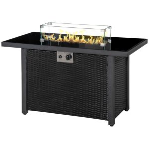 Outsunny Propane Fire Pit Table 43in Outdoor Fire Table, 50,000 BTU Pulse-Ignition Wicker Firepit Furniture with Glass Wind Guard, Blue Glass Rock, CSA Certification, Black - Image 11