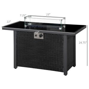 Outsunny Propane Fire Pit Table 43in Outdoor Fire Table, 50,000 BTU Pulse-Ignition Wicker Firepit Furniture with Glass Wind Guard, Blue Glass Rock, CSA Certification, Black - Image 3