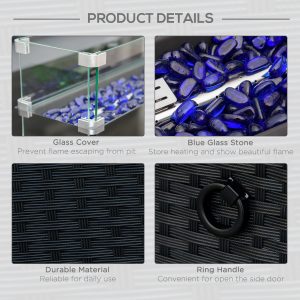 Outsunny Propane Fire Pit Table 43in Outdoor Fire Table, 50,000 BTU Pulse-Ignition Wicker Firepit Furniture with Glass Wind Guard, Blue Glass Rock, CSA Certification, Black - Image 6