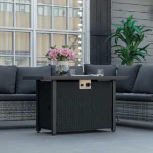 Outsunny Propane Fire Pit Table 43in Outdoor Fire Table, 50,000 BTU Pulse-Ignition Wicker Firepit Furniture with Glass Wind Guard, Blue Glass Rock, CSA Certification, Black - Image 7