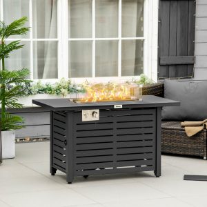 Outsunny Propane Gas Fire Pit Table, Outdoor Firepit with 43" Steel Tabletop and Lid, 50,000 BTU Pulse Ignition Fire Table w/ Stainless Steel Burner, Glass Wind Guard, and Cover - Image 1