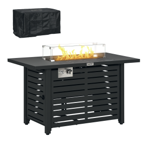 Outsunny Propane Gas Fire Pit Table, Outdoor Firepit with 43" Steel Tabletop and Lid, 50,000 BTU Pulse Ignition Fire Table w/ Stainless Steel Burner, Glass Wind Guard, and Cover - Image 2