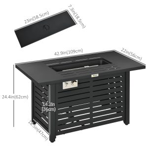 Outsunny Propane Gas Fire Pit Table, Outdoor Firepit with 43" Steel Tabletop and Lid, 50,000 BTU Pulse Ignition Fire Table w/ Stainless Steel Burner, Glass Wind Guard, and Cover - Image 3