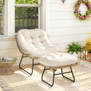 Outsunny Rattan Chair w/ Stool, Cushion, Adjustable Foot Pads, Natural - Image 1