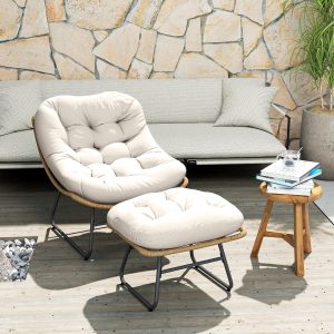 Outsunny Rattan Chair w/ Stool, Cushion, Adjustable Foot Pads, Natural - Image 7