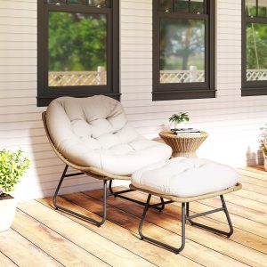 Outsunny Rattan Chair w/ Stool, Cushion, Adjustable Foot Pads, Natural - Image 9