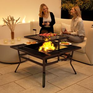 Outsunny Square Outdoor Fire Pit Firepit with Adjustable Grill Grate, Wood Fire Pit with Adjustable Foot Pads, Outer Ledge, Poker for Backyard Bonfire Picnic, Black - Image 1