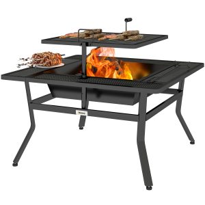 Outsunny Square Outdoor Fire Pit Firepit with Adjustable Grill Grate, Wood Fire Pit with Adjustable Foot Pads, Outer Ledge, Poker for Backyard Bonfire Picnic, Black - Image 2