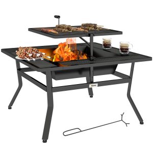 Outsunny Square Outdoor Fire Pit Firepit with Adjustable Grill Grate, Wood Fire Pit with Adjustable Foot Pads, Outer Ledge, Poker for Backyard Bonfire Picnic, Black - Image 11