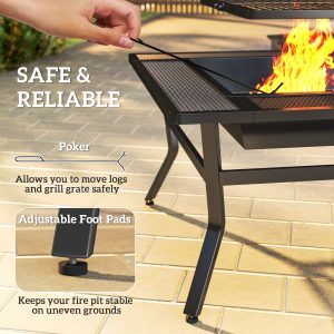 Outsunny Square Outdoor Fire Pit Firepit with Adjustable Grill Grate, Wood Fire Pit with Adjustable Foot Pads, Outer Ledge, Poker for Backyard Bonfire Picnic, Black - Image 7
