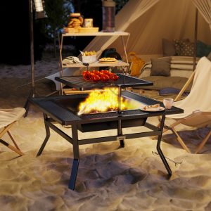 Outsunny Square Outdoor Fire Pit Firepit with Adjustable Grill Grate, Wood Fire Pit with Adjustable Foot Pads, Outer Ledge, Poker for Backyard Bonfire Picnic, Black - Image 8