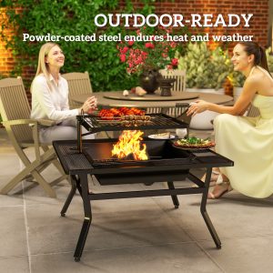 Outsunny Square Outdoor Fire Pit Firepit with Adjustable Grill Grate, Wood Fire Pit with Adjustable Foot Pads, Outer Ledge, Poker for Backyard Bonfire Picnic, Black - Image 9