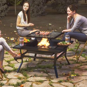 Outsunny Square Outdoor Fire Pit Firepit with Adjustable Grill Grate, Wood Fire Pit with Adjustable Foot Pads, Outer Ledge, Poker for Backyard Bonfire Picnic, Black - Image 10