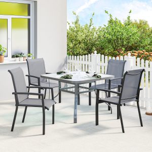 Outsunny Stackable Patio Chairs Set of 4, Outdoor Dining Chairs with All Weather Breathable Mesh and Armrests, Grey - Image 1