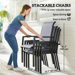 Outsunny Stackable Patio Chairs Set of 4, Outdoor Dining Chairs with All Weather Breathable Mesh and Armrests, Grey - Image 4