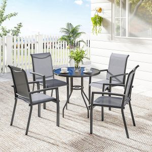 Outsunny Stackable Patio Chairs Set of 4, Outdoor Dining Chairs with All Weather Breathable Mesh and Armrests, Grey - Image 8